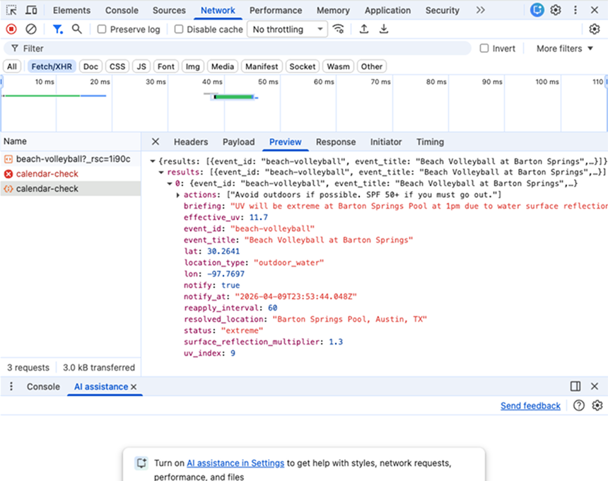 Server-side JSON response showing the computed briefing string